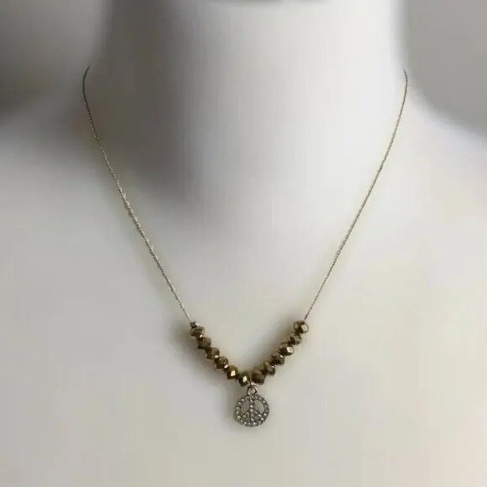 Peace Sign Necklace Gold Tone Dainty 18in Chain Metallic Glass Beads